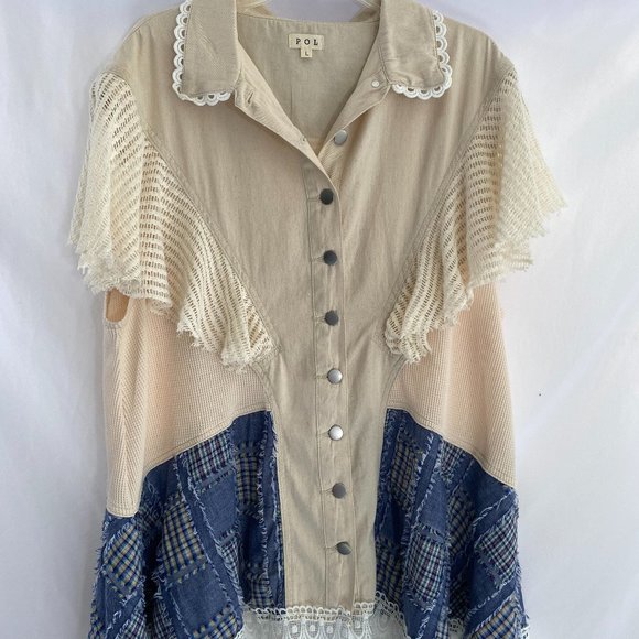 POL Bohemian Lacy White Blue Patchwork Dress Tunic Top NWOT Women's Size Large - Picture 1 of 15